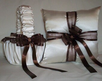 Ivory Cream Satin With Brown Lace And Ribbon Trim Flower Girl Basket And Ring Bearer Pillow Set 1