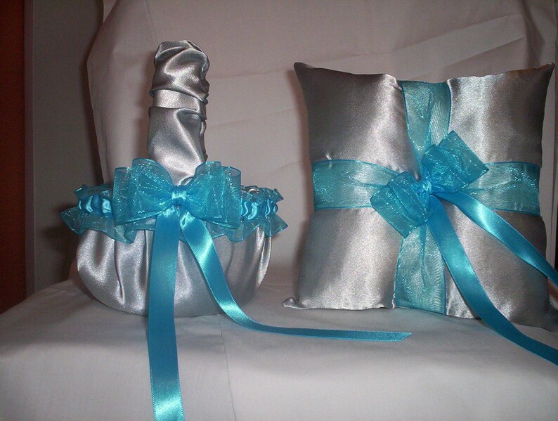 Silver Satin With Turquoise Blue Trim Flower Girl Basket and Etsy