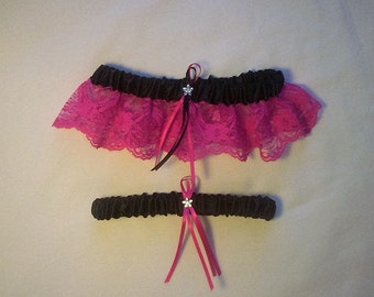 Black Satin / Fuchsia Lace - 2 Piece Wedding Garter Set - 1 To Keep / 1 To Throw