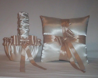 Ivory Cream Satin With Champagne Ribbon Trim Flower Girl Basket And Ring Bearer Pillow