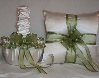 Ivory Cream Satin With Sage Green Ribbon Trim Flower Girl Basket And Ring Bearer Pillow Set 1