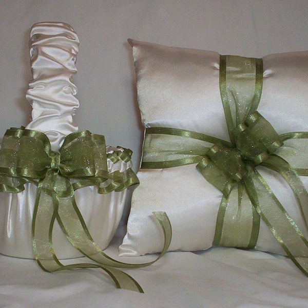 Ivory Cream Satin With Sage Green Ribbon Trim Flower Girl Basket And Ring Bearer Pillow Set 1