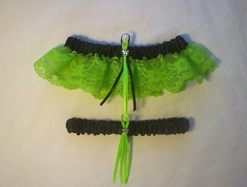 2 Piece Wedding Garter Set 1 To Keep 1 To Throw Black Satin Apple Green Lime Lace