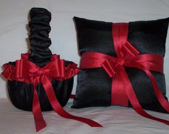 Black Satin With Red Ribbon Trim  Flower Girl Basket And Ring Bearer Pillow Set 3