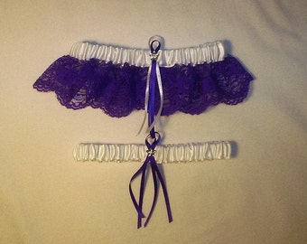 White Satin / Purple Lace - 2 Piece Wedding Garter Set - 1 To Keep / 1 To Throw