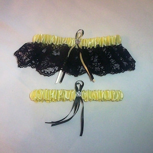 Light Yellow Satin / Black Lace - 2 Piece Wedding Garter Set - 1 To Keep / 1 To Throw