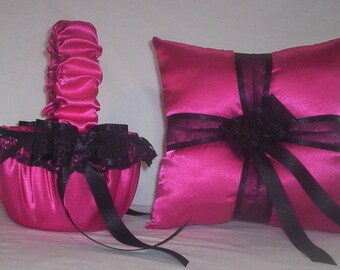 Fuchsia Hot Pink Satin With Black Lace  Flower Girl Basket And Ring Bearer Pillow Set 1