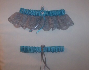 Turquoise Satin / Silver  Lace - 2 Piece Wedding Garter Set - 1 To Keep / 1 To Throw