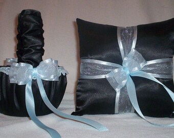 Black Satin  With Light Blue Trim Flower Girl Basket And Ring Bearer Pillow 2