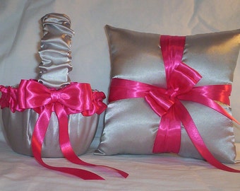 Silver Satin With Fuchsia Ribbon Trim Flower Girl Basket And Ring Bearer Pillow Set 2