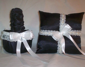 Black Satin With White Beaded Lace Trim Flower Girl Basket And Ring Bearer Pillow Set 4