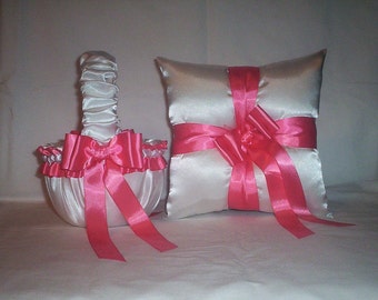 White Satin With Coral  Ribbon Trim Flower Girl Basket And Ring Bearer Pillow
