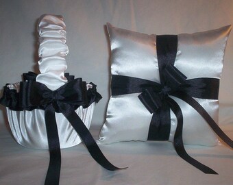 White Satin With Black Ribbon Trim Flower Girl Basket And Ring Bearer Pillow Set 1