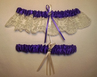 Purple Satin / Ivory Cream Lace - 2 Piece Wedding Garter Set - 1 To Keep / 1 To Throw