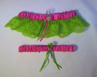 Fuchsia Satin / Apple Green Lace - 2 Piece Wedding Garter Set - 1 To Keep / 1 To Throw