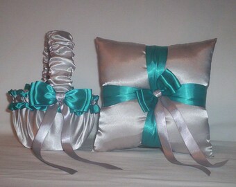 Silver Satin With Teal Ribbon Trim Flower Girl Basket And Ring Bearer Pillow Set 1