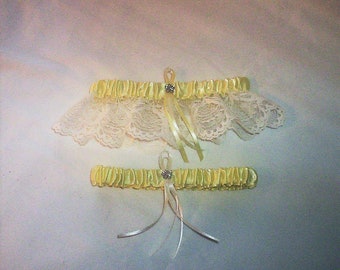 Light Yellow Satin / Ivory Cream Lace - 2 Piece Wedding Garter Set - 1 To Keep / 1 To Throw