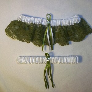 White Satin / Sage Green Lace - 2 Piece Wedding Garter Set - 1 To Keep / 1 To Throw