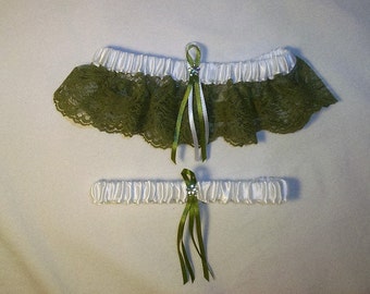 White Satin / Sage Green Lace - 2 Piece Wedding Garter Set - 1 To Keep / 1 To Throw