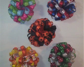 5 Loopy Puff Holiday Hair Bows, Easter, 4th of July, Halloween, Thanksgiving, Christmas