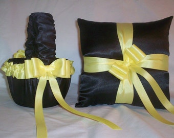 Black Satin With Yellow Ribbon Trim  Flower Girl Basket And Ring Bearer Pillow Set 1