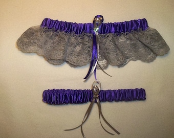 Purple Satin / Silver Lace - 2 Piece Wedding Garter Set - 1 To Keep / 1 To Throw