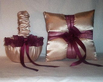 Champagne Satin With Burgundy Trim Flower Girl Basket And Ring Bearer Pillow Set 1