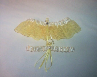 Ivory Cream Satin / Light Yellow Lace - 2 Piece Wedding Garter Set - 1 To Keep / 1 To Throw