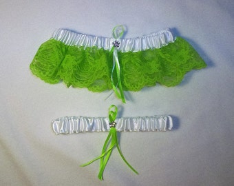 White Satin / Apple Green Lace - 2 Piece Wedding Garter Set - 1 To Keep / 1 To Throw