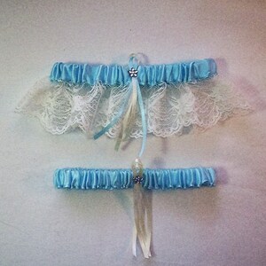 Light Blue Satin /  Ivory Cream Lace - 2 Piece Wedding Garter Set - 1 To Keep / 1 To Throw