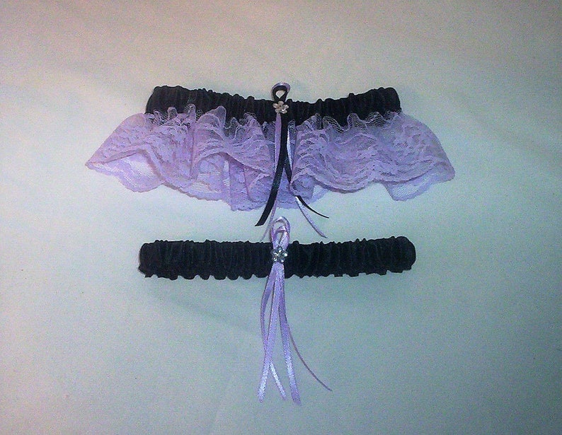 Black Satin / Lavender Lace 2 Piece Wedding Garter Set 1 To Keep / 1 To Throw image 1