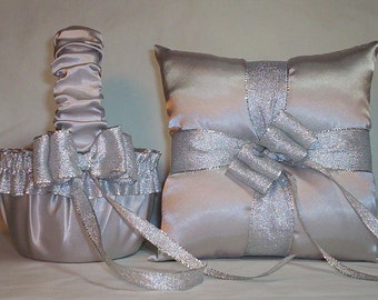 Silver Satin With Silver Metalic Ribbon Trim Flower Girl Basket And Ring Bearer Pillow Set 3