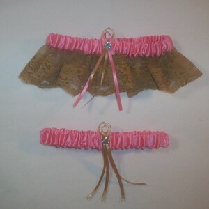 Coral Satin /  Gold Lace - 2 Piece Wedding Garter Set - 1 To Keep / 1 To Throw