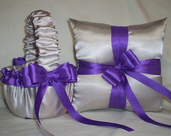 Silver Satin With Purple Trim Flower Girl Basket And Ring Bearer Pillow