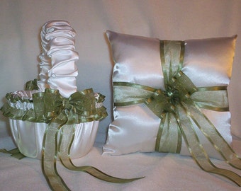 White Satin with Sage Green Ribbon Trim  Flower Girl Basket And Ring Bearer Pillow Set 1