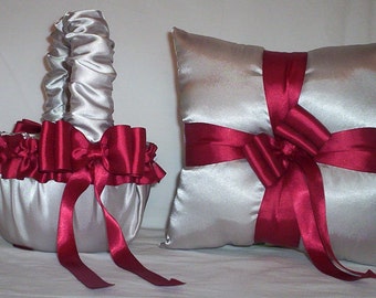 Silver Satin With Candy Apple Red Ribbon Trim Flower Girl Basket And Ring Bearer Pillow