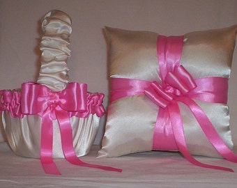 Ivory Cream Satin With Hot Pink Ribbon  Flower Girl Basket And Ring Bearer Pillow