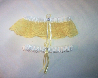 White Satin / Light Yellow Lace - 2 Piece Wedding Garter Set - 1 To Keep / 1 To Throw