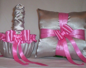 Silver Satin With Hot Pink Ribbon Trim Flower Girl Basket And Ring Bearer Pillow