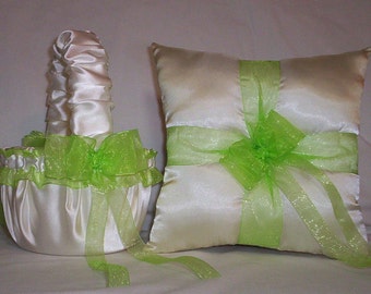 Ivory Cream Satin With Apple Green (Lime) Ribbon Trim Flower Girl Basket And Ring Bearer Pillow Set 1