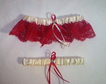 Ivory Cream Satin / Red  Lace - 2 Piece Wedding Garter Set - 1 To Keep / 1 To Throw