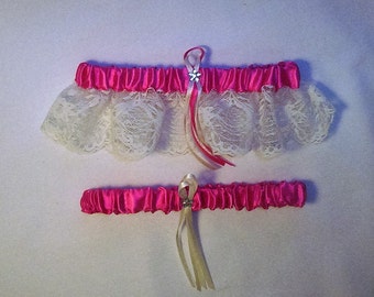 Fuchsia Satin / Ivory Cream Lace - 2 Piece Wedding Garter Set - 1 To Keep / 1 To Throw