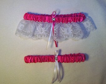 Fuchsia Satin / White Lace - 2 Piece Wedding Garter Set - 1 To Keep / 1 To Throw