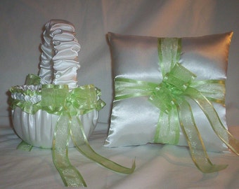 White Satin With Light Mint Green / Melon Ribbon Trim Flower Girl Basket And Ring Bearer Pillow