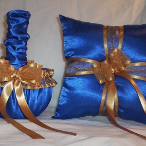 Blue Horizon Satin With Gold Ribbon Trim Flower Girl Basket And Ring Bearer Pillow Set 1 image 1