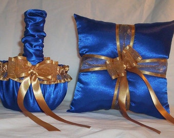 Blue Horizon Satin With Gold Ribbon Trim Flower Girl Basket And Ring Bearer Pillow Set 1