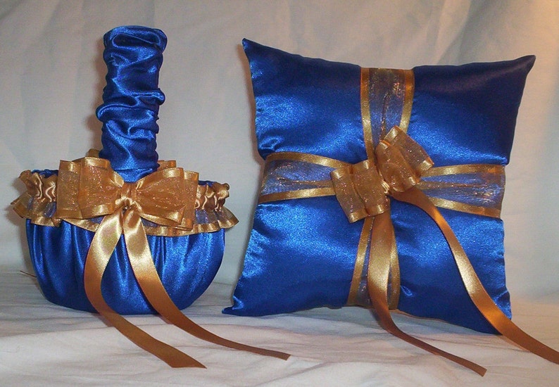 Blue Horizon Satin With Gold Ribbon Trim Flower Girl Basket And Ring Bearer Pillow Set 1 image 1