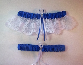 Horizon Blue Satin / White Lace - 2 Piece Wedding Garter Set - 1 To Keep / 1 To Throw