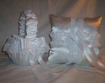 White Satin With White Eyelet Lace Trim Flower Girl Basket And Ring Bearer Pillow Set 1