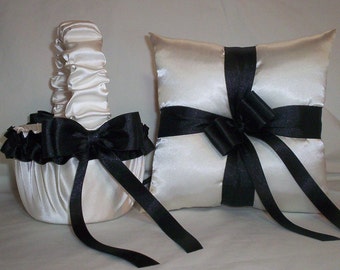 Ivory Cream Satin With Black Ribbon Trim Flower Girl Basket And Ring Bearer Pillow Set 2